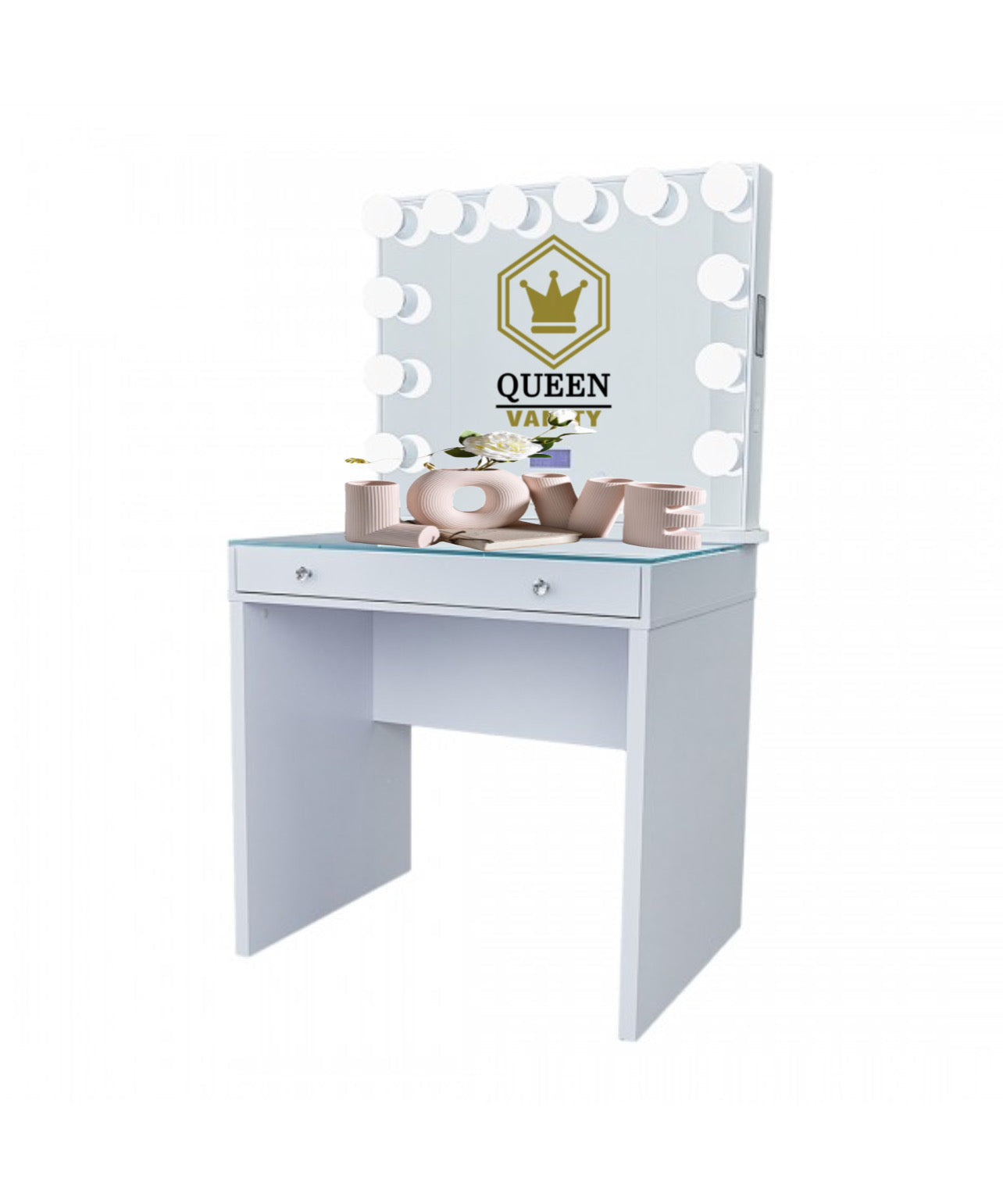 SlayStation Mini Table With Bluetooth Mirror White Queen Vanity Outlet 